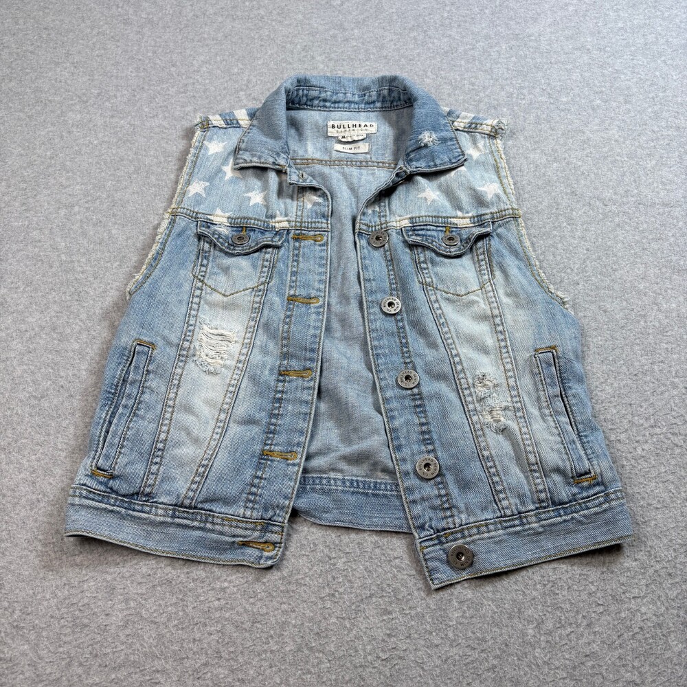 Bullhead Denim Vest Woman Medium Blue Star Stripes Denim Distress Rockabilly Y2K